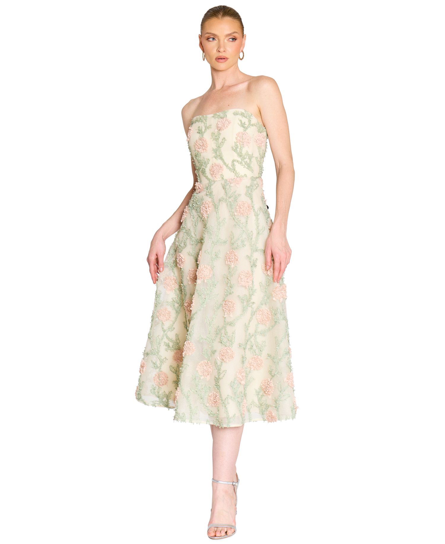 Women's Midi Strapless 3D Floral Embroidery Dress