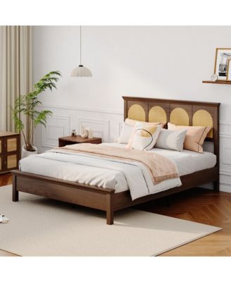 Bed Frame with Rattan Headboard, Wooden Platform Bed with Storage Shelf and Under Bed Storage for Bedroom