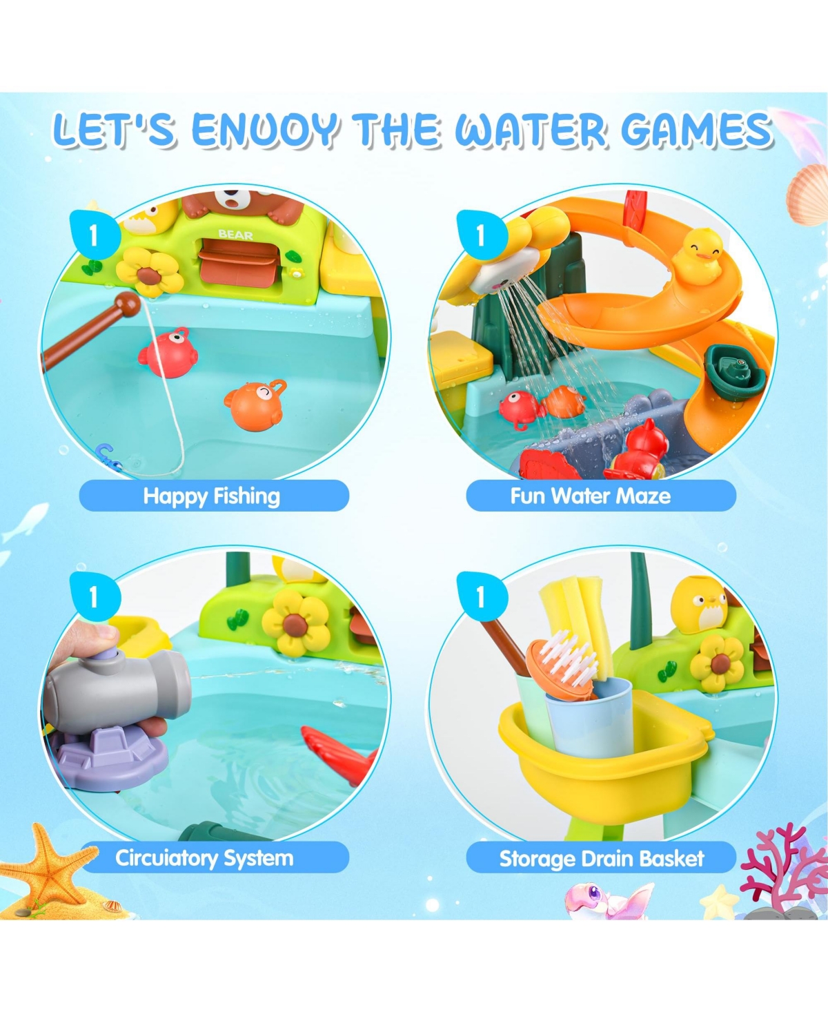 Gnuadz 4-in-1 Sand Water Table Kitchen Sink Pump Play Food Fishing Set