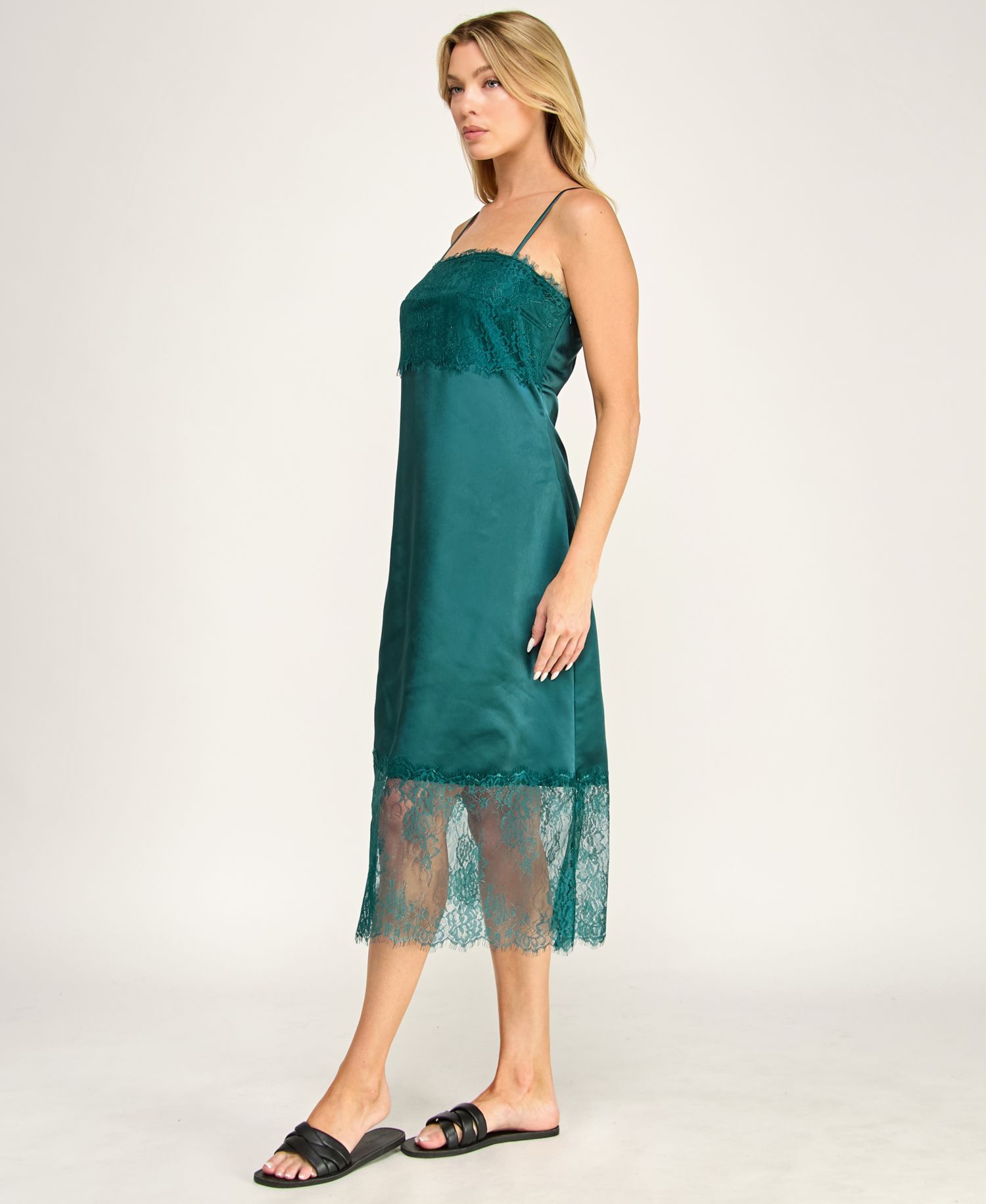 Juniors' Sleeveless Lace and Satin Slip Midi Dress
