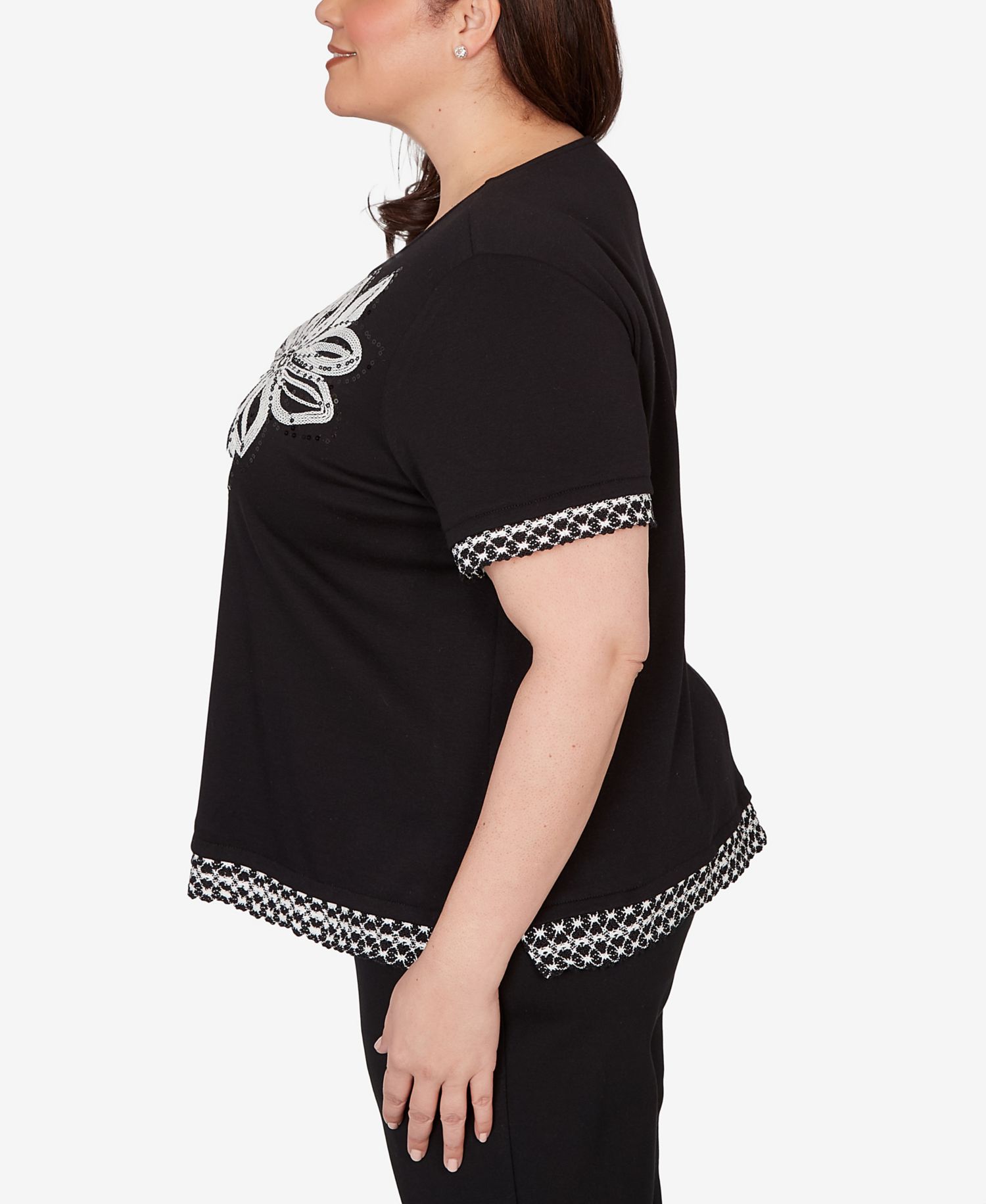 Plus Size Crowd Pleaser Flower Sequin Lace Border Top