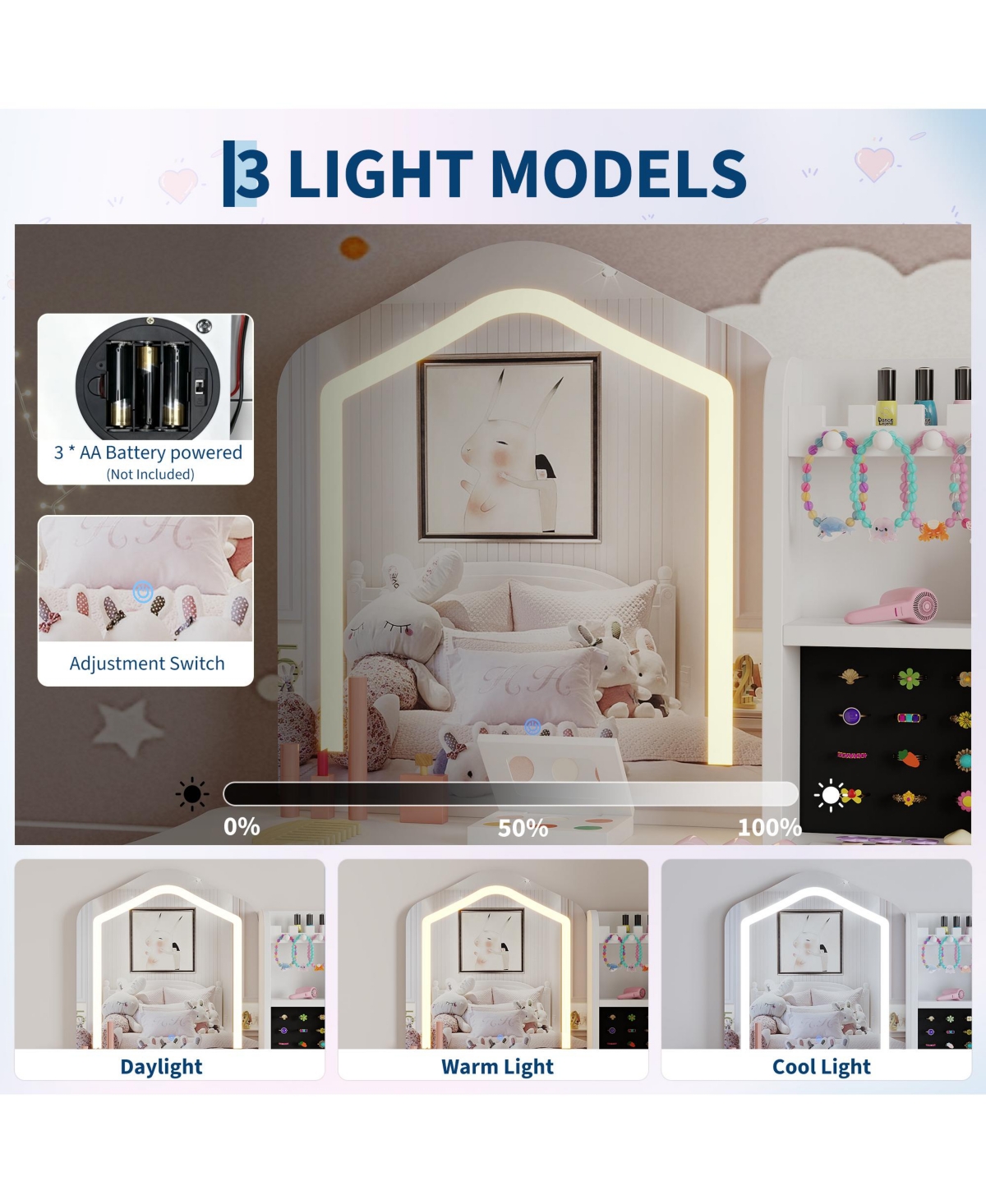 homfan Lighted Mirror Kids Vanity Set with Stool, Makeup Table Playset for Little Girls Ages 3-8, Elegant, Functional Design, Ideal for Bedroom