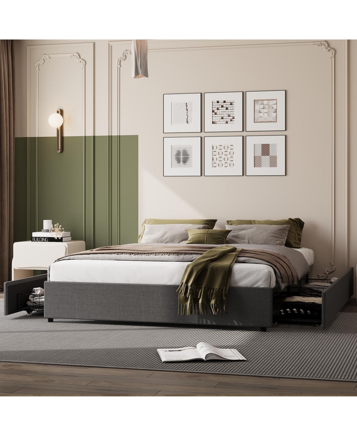 gaomon Bed Frame with 4 Storage Drawers, King Platform Bed with Linen Fabric Upholstered and Wooden Slats Support, No Box Spring Needed