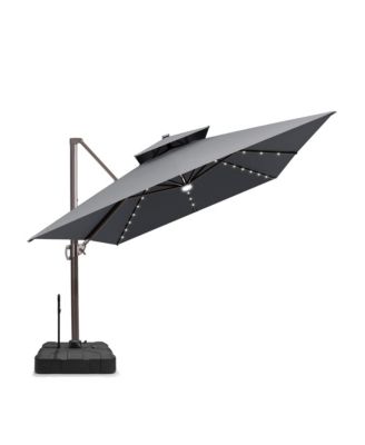 Outdoor Patio 10X13Feet Aluminum Double Canopy Solar Lights Cantilever Umbrella with Rod Wheel Base