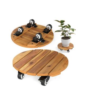 Heavy Duty Acacia Wood Rolling Plant Stand with 360degree(s) Lockable Casters 2-Piece Set