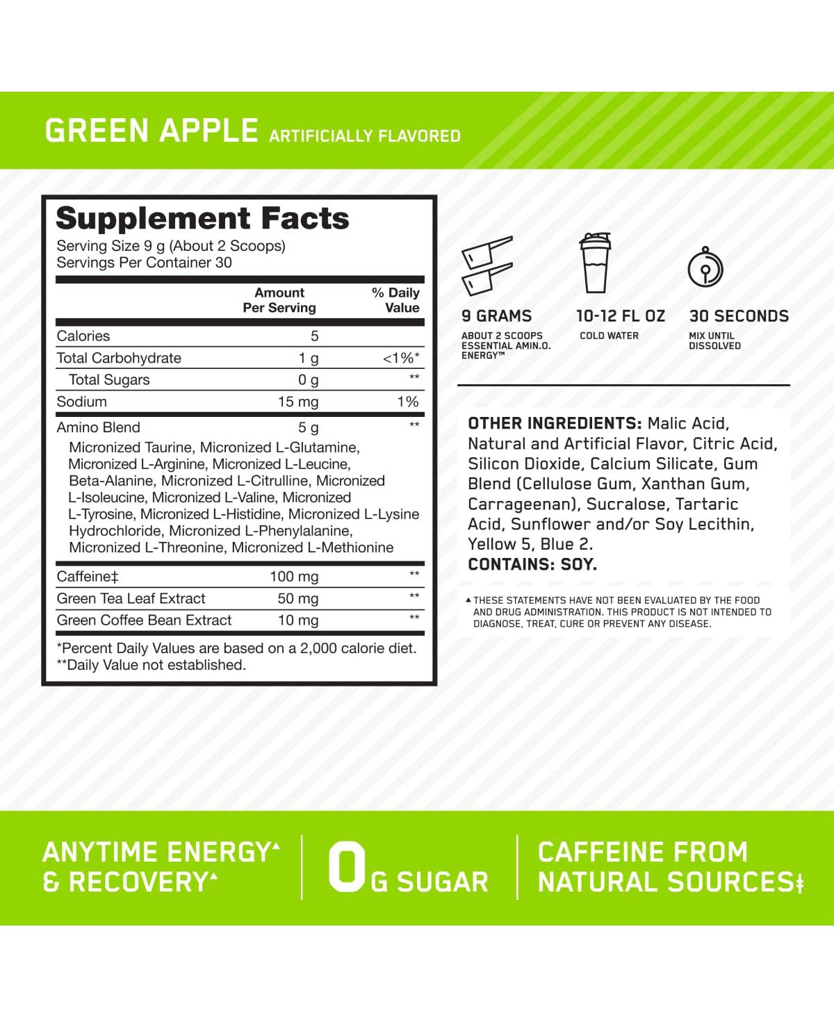 Optimum Nutrition Amino Energy, Pre Workout with Tea, Bcaa, Amino Acids, Keto Friendly, Coffee Extract, Apple, 30 Servings