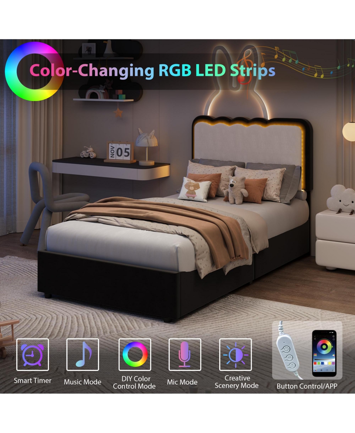 homfan Led Bed Frame with Storage Drawer and Adjustable Headboard, Velvet Princess Platform for Kids