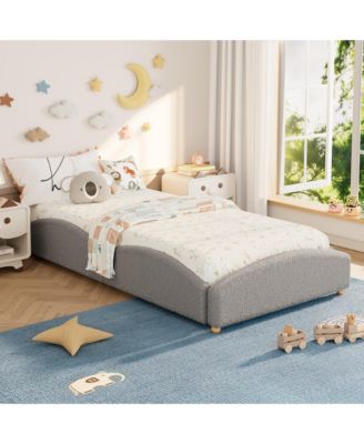 Upholstered Floor Bed for Kids, Teddy Fabric Soft Upholstered Bed Frame with Cloud Shaped Guardrails, Low Profile Platform Bed