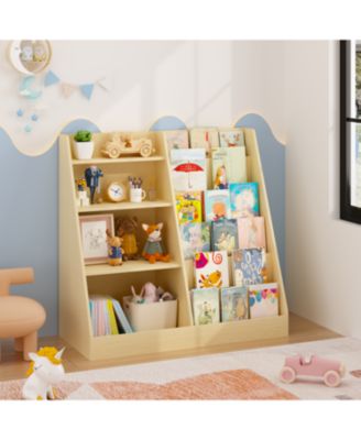 Kids Bookshelf and Toy Organizer, 5 Cubbies Wooden Open Bookcase, with Legs, Free Standing, for Playing Room, Bedroom, Nursery, Classroom