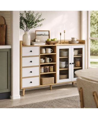 Glass Door Sideboard Cabinet with Grille Design, Buffet Server with Storage Shelves for Dining Room Living Room