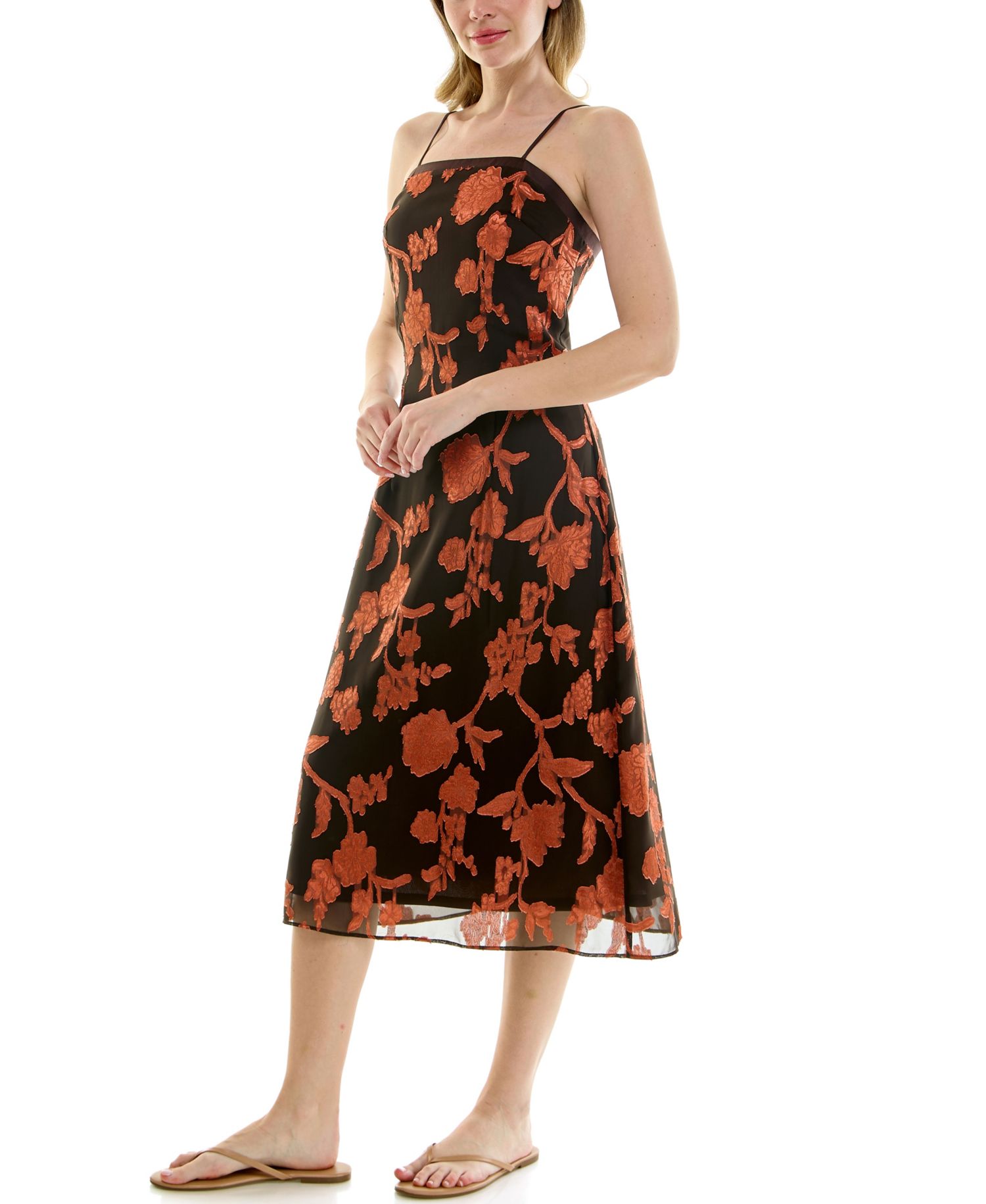 Juniors' Burnout Floral Square Neck Midi Dress