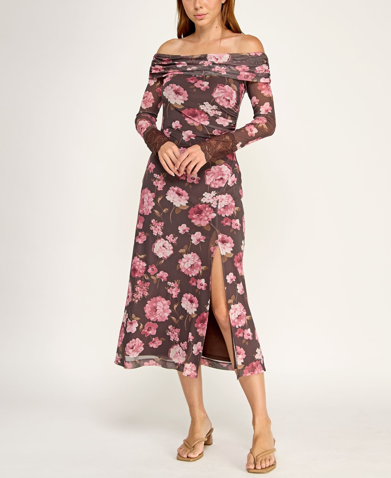 Juniors' Off-The-Shoulder Long-Sleeve Floral Printed Mesh Midi Dress