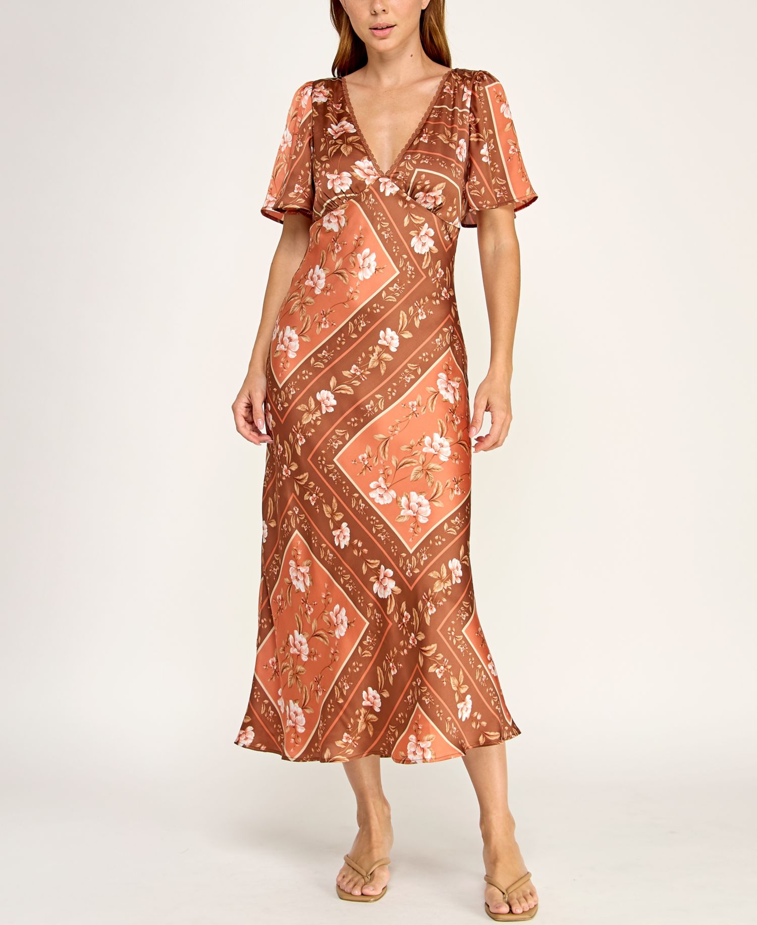 Juniors' Slim-Fit Floral Printed Satin Midi Dress
