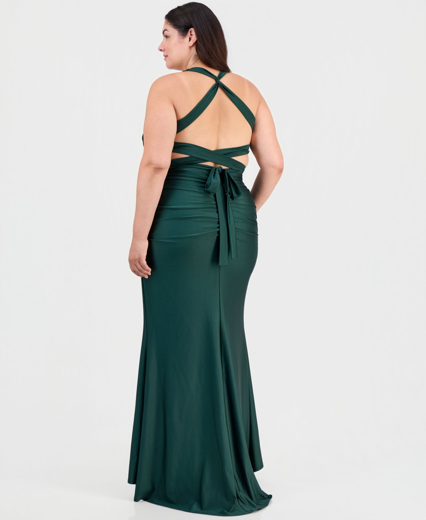 Женские платья B Darlin Trendy Plus Size Shiny Knit Ruched Back-Tie Gown, цвет: Тёмно-зелёный — фото 4