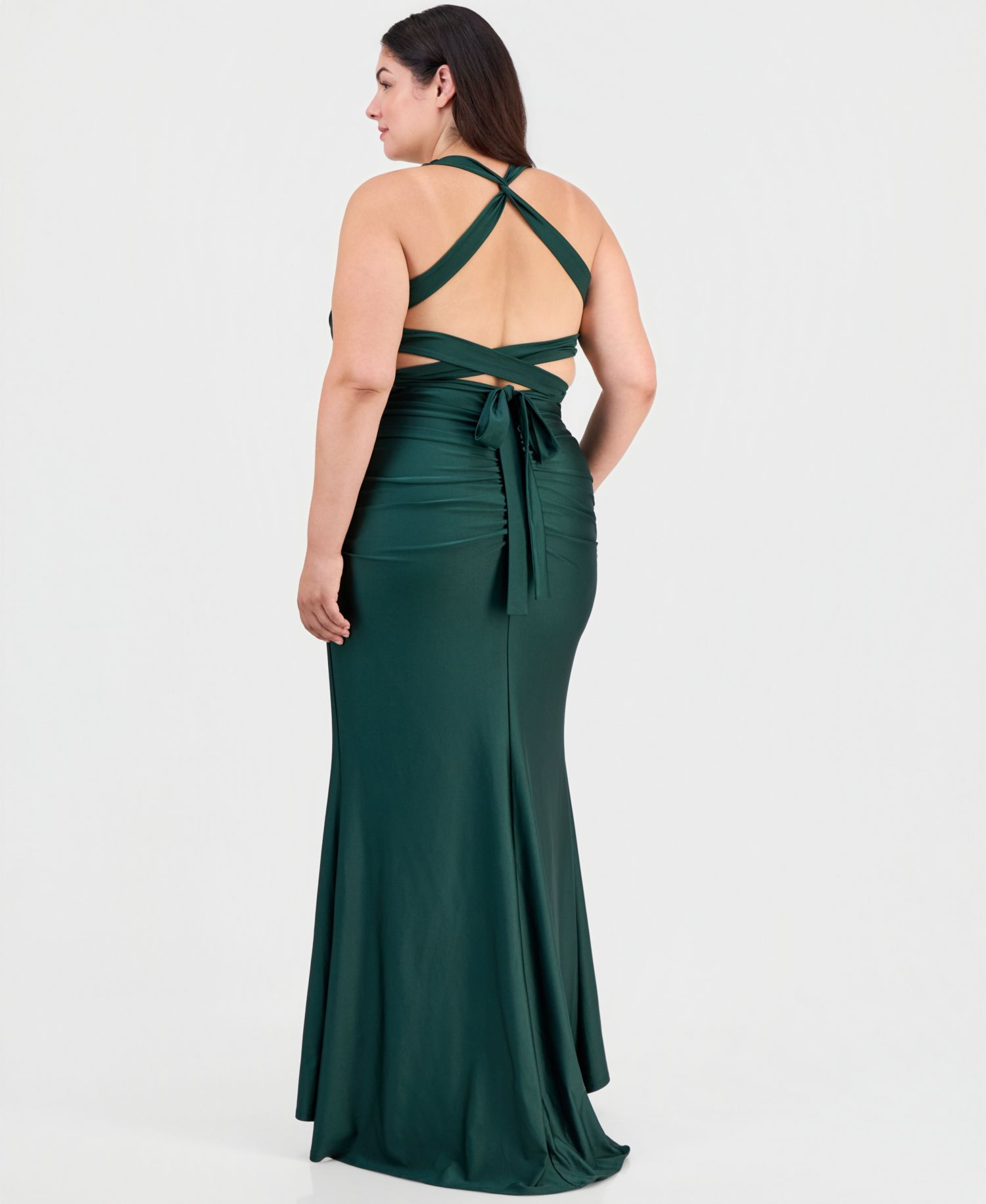 Trendy Plus Size Shiny Knit Ruched Back-Tie Gown