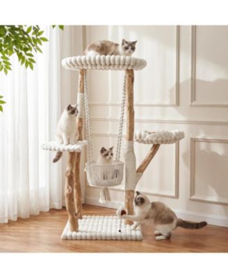 Solid Wood Cat Tree with Scratching Posts, Tall Cat Tower with Swinging Basket Hammock, Washable Cushion, Dangling Toy