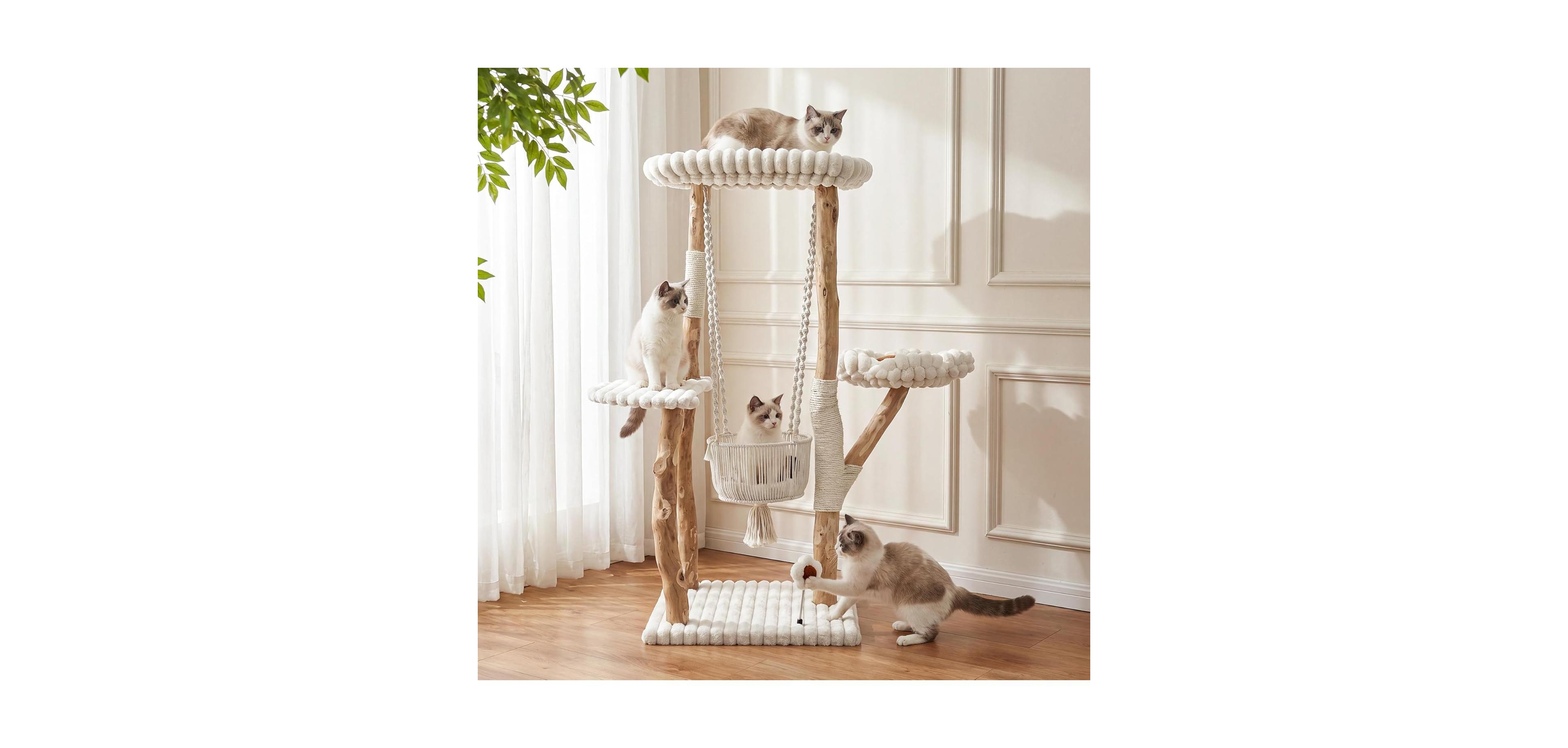 Tribesigns Solid Wood Cat Tree with Scratching Posts, Tall Cat Tower with Swinging Basket Hammock, Washable Cushion, Dangling Toy