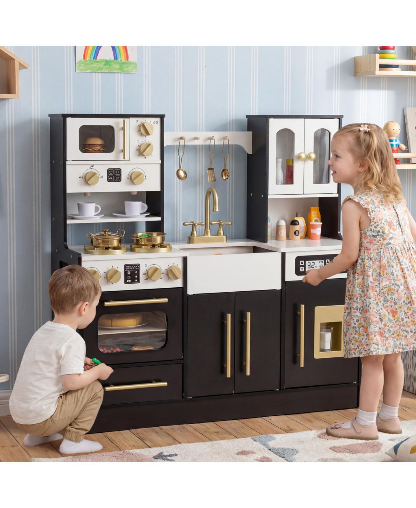Детская игрушка Slickblue Wooden Play Kitchen With Lights and Sound Effects, Ages 3+, цвет: Чёрный — фото 4