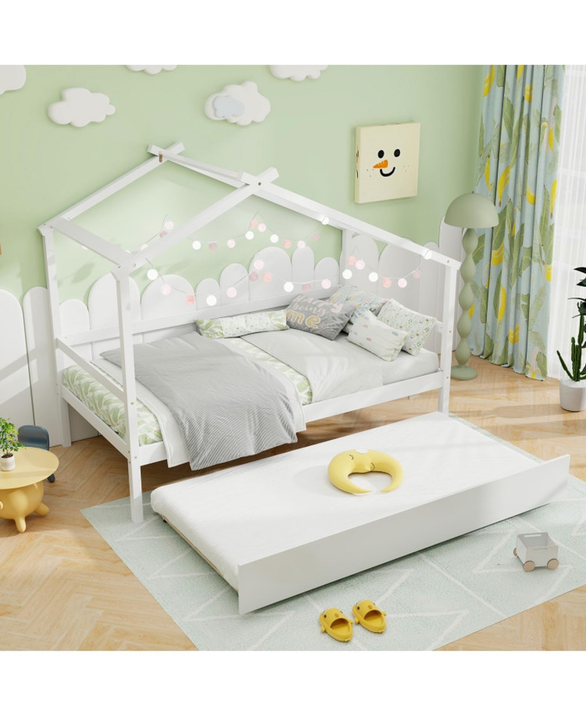 Gouun Twin House Bed Frame Trundle Roof 8 Plywood Slats Kids Guardrail