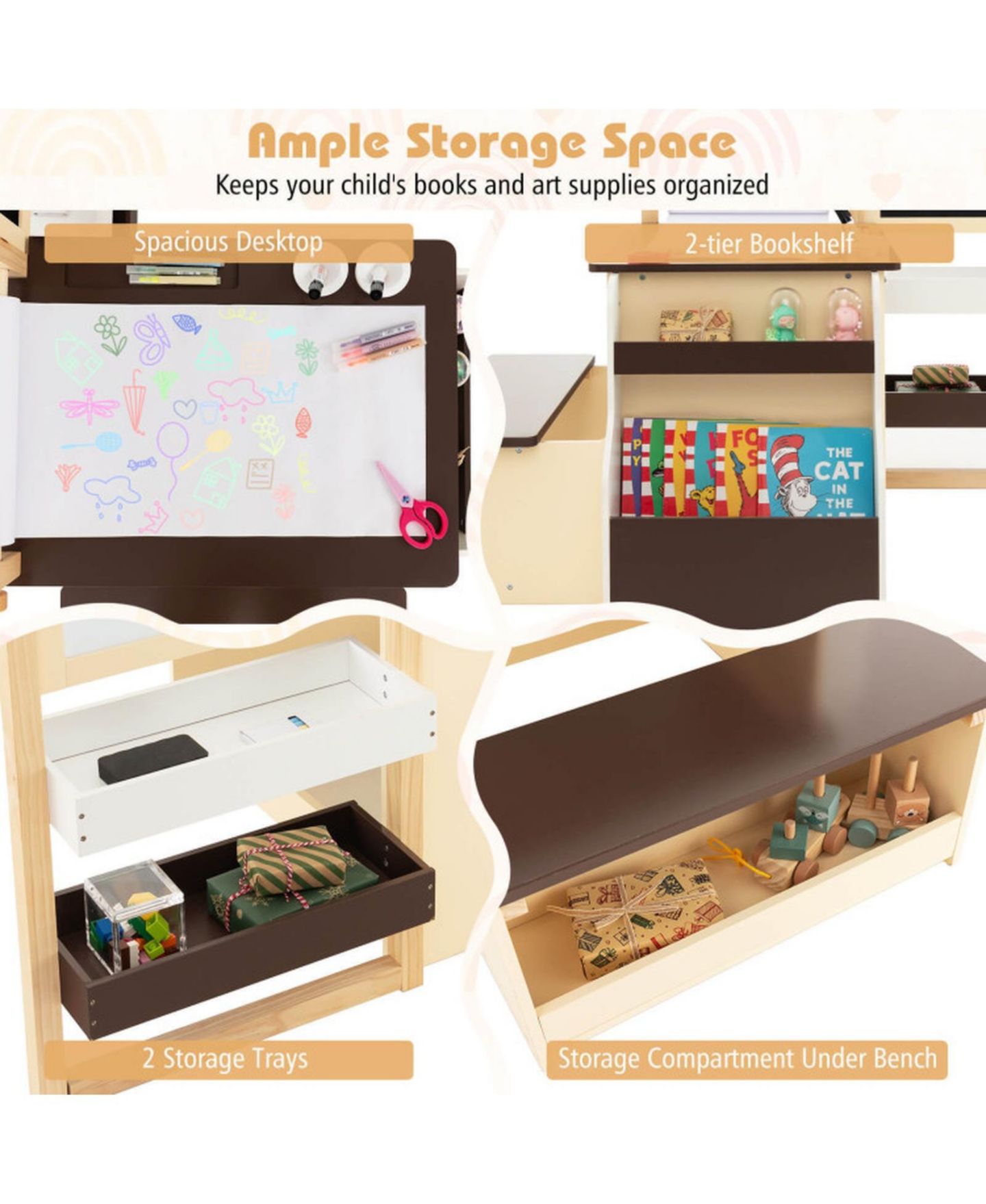 Детская игрушка GOUUN Double-Sided Adjustable Art Center with Easel and Storage Bench, Ages 3+, цвет: Коричневый — фото 9