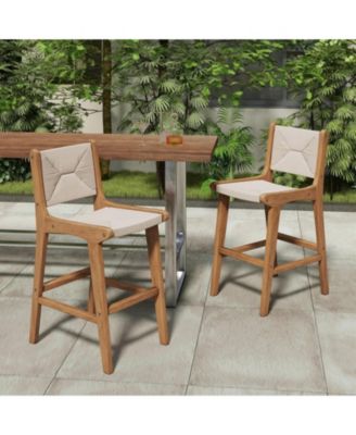 Set of 2 Counter-Height Bar Stools with Woven Rope Seats and Wood Frames