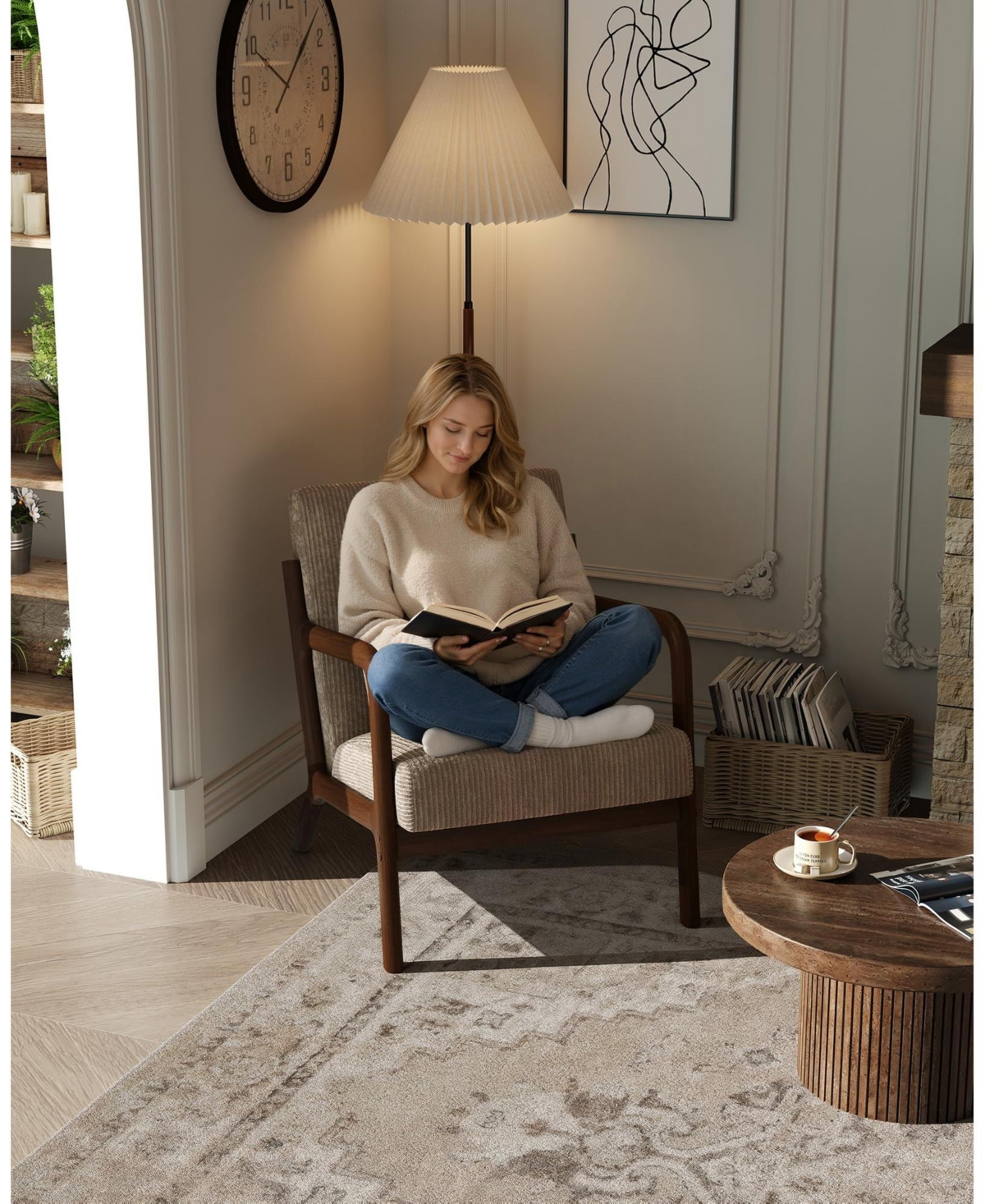 gaomon Two-piece Wide Stripe Corduroy Accent Chairs, sturdy wooden frame, comfortable reading chairs with lumbar pillows
