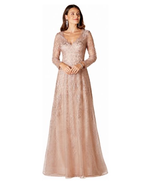 Женские платья Lara Long Sleeve V-Neck Lace Gown, цвет: Пудровый