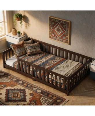 Twin Floor Bed with Fence,Solid Rubber Wood Kids Bed Frame