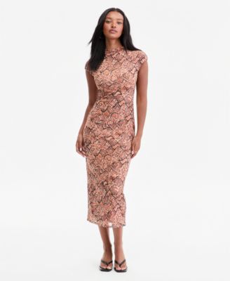 Women's Mock Neck Short-Sleeve Print Bodycon Midi Dress