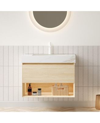 30 Inch Wall Mounted Bathroom Vanity with LED Shelf, Sintered Stone Top, Ceramic Sink, Soft Close Drawer for Modern Bathrooms
