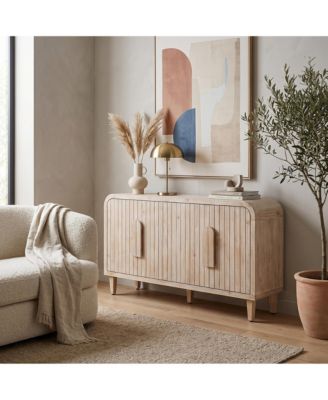 59'' Farmhouse Curved Vintage Storage Sideboard with Large Wooden Handles, Vertical Wood Grain Carving and Adjustable Shelves