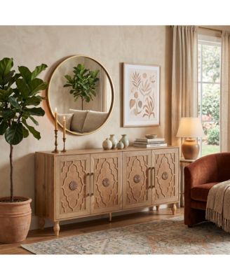 63'' Large Storage Cabinet with Metal Handle, Carved Flower Doors, Wooden Modern Sideboard Console with Adjustable Shelves