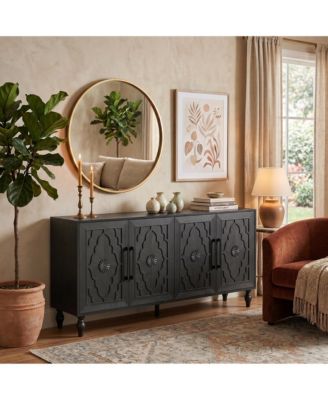 63'' Large Storage Cabinet with Metal Handle, Carved Flower Doors, Wooden Modern Sideboard Console with Adjustable Shelves
