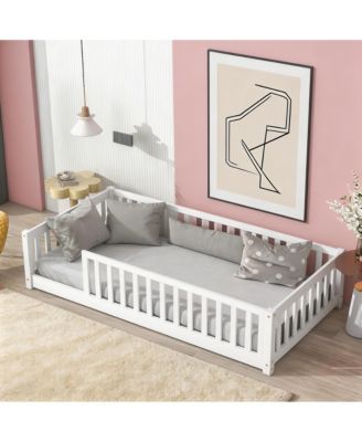 Twin Floor Bed with Safety Guardrails,Solid Rubber Wood Fence Kids Bed Frame
