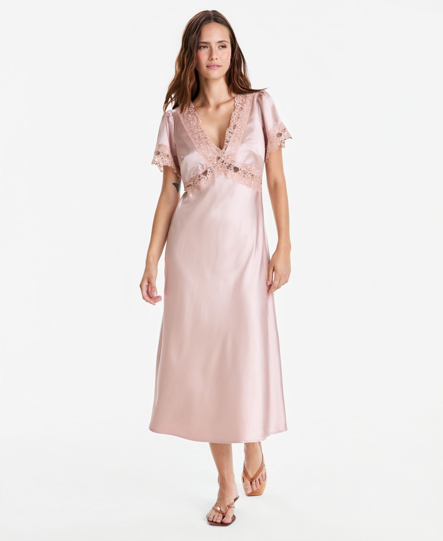 Women's Satin Lace-Trim Midi Dress