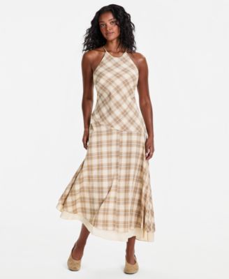 Women's Cotton Plaid Cami-Strap Asymmetric Dress