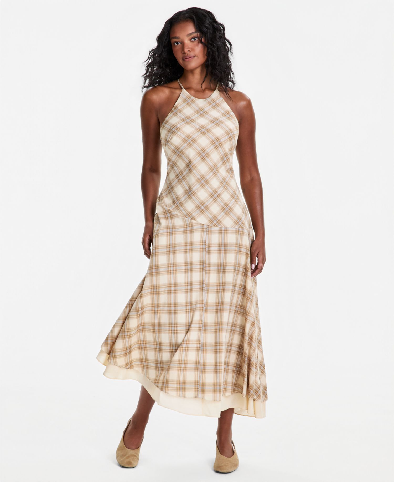 Plus size Cotton Plaid Cami-Strap Asymmetric Dress
