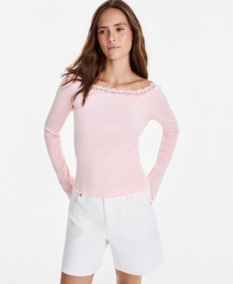 Women's Lace-Trim Scoop-Neck Long-Sleeve Top