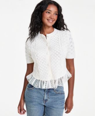 Petite Short-Sleeve Crewneck Lace and Ruffle Trim Cardigan