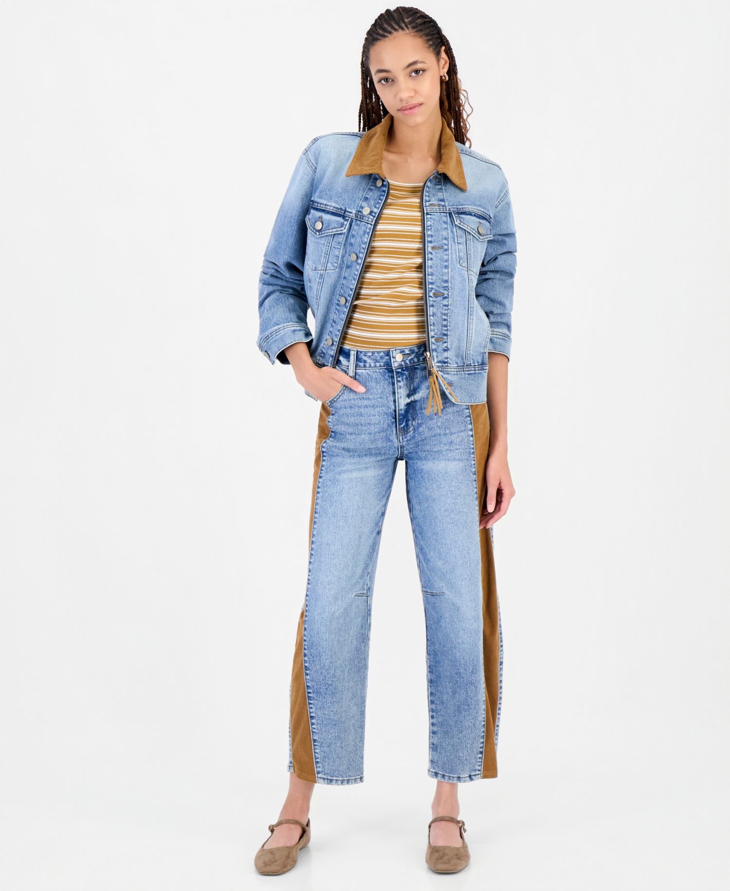 Women's Cord Trim Barrel Leg High-Rise Jeans