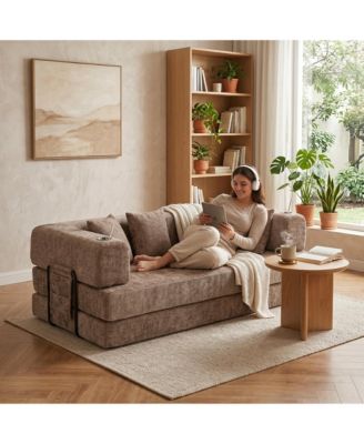 5-in-1 Convertible Sofa Bed, Corduroy Floor Sofa with 4 Pillows, 2 Cup Holders and Deep Seat Cushion for Small Spaces