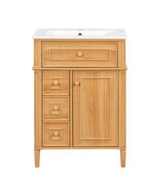24 Inch Bathroom Vanity with Sink Solid Wood Vanity Cabinet with Flip Out Drawer 2 Soft Close Drawers Freestanding Bathroom Storage Cabinet