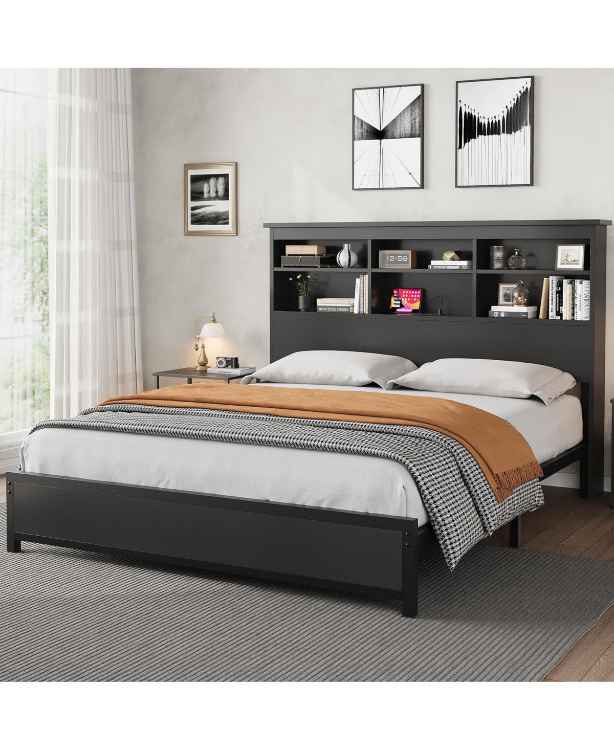 homfan Bed Frame with Bookcase Headboard, 2-Tier Storage Platform Bed with Charging Station, No Box Spring Needed