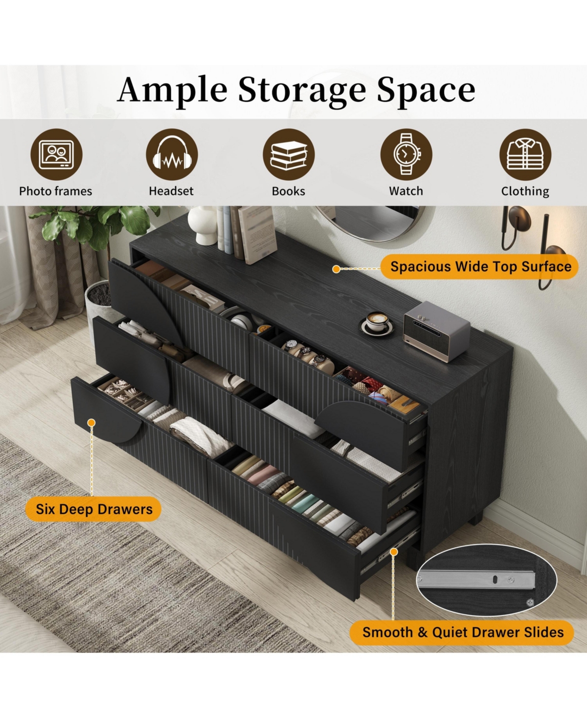 Clihome 60" W Modern 6-Drawer Fluted Dresser Chest