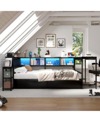 Full Size Corner Bed Frame with Bookcase, 2 Under-Bed Drawers, LED Lights, Charging Station, Left or Right Assembly