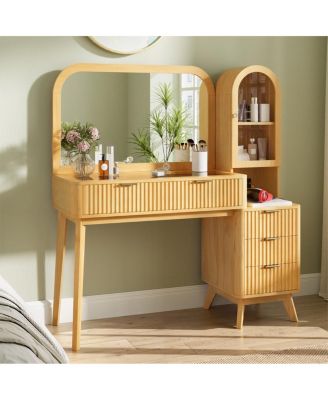 48'' Fluted Makeup Vanity Desk with Mirror 4 Drawers and Charging Station