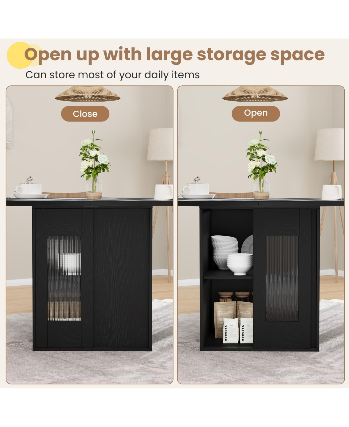 homfan Round Dining Table with Storage for 4 to 6, Farmhouse Wooden Sliding Door and 2 Tier Shelf, Room, Living Kitchen