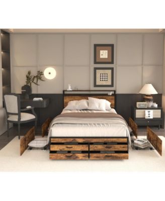 Full Size Bed Frame with 8 Storage Drawers, LED Headboard, USB Charging Station, Metal Platform, No Box Spring Needed