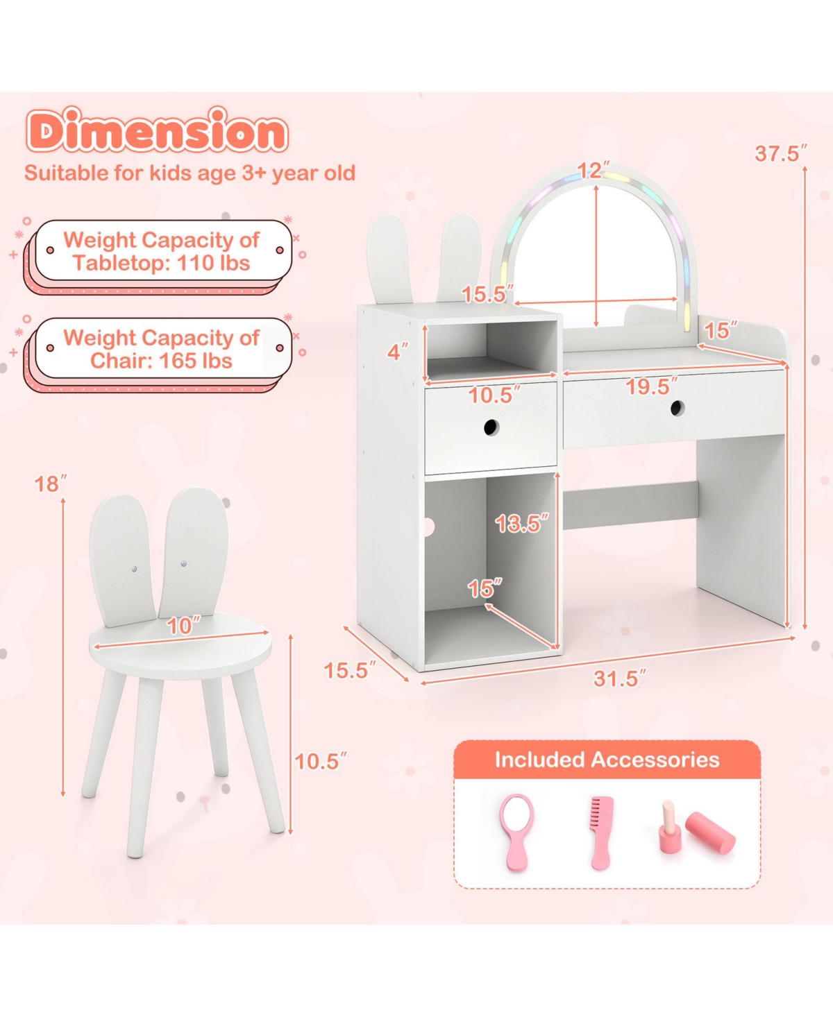 Slickblue Kids Vanity Desk and Chair Set with Lights and Open Storage Shelves
