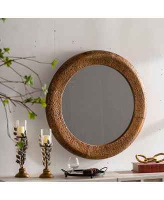 31" Round Wall Mirror, Hammered Iron Frame Rustic Accent Mirror for Living Room and Entryway